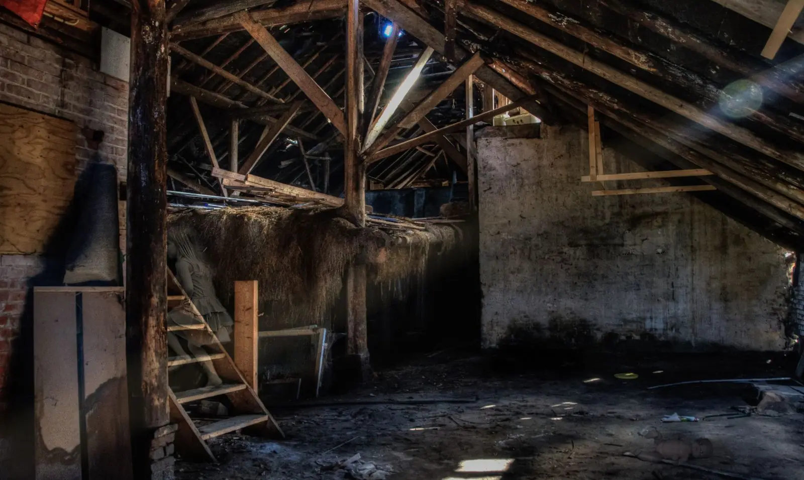Dark, aged attic with exposed wooden rafters and a ladder